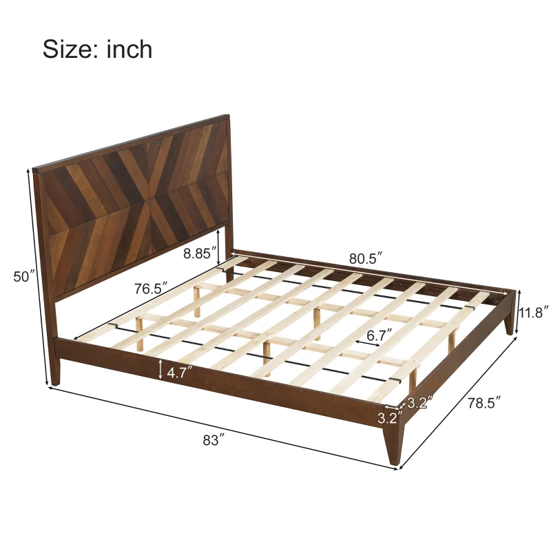 Vinsetto Mid-Century Modern Platform Bed, Solid Pine Wood Frame with Wood Slat Support, No Box Spring Needed, King Size, 83"x78.5"x50", Walnut