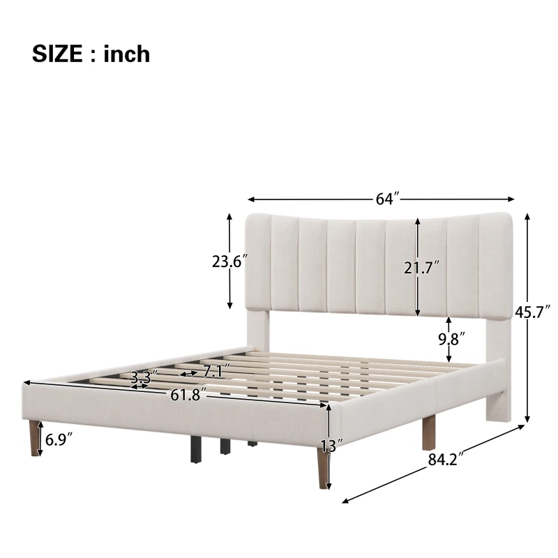 Vinsetto Upholstered Platform Bed Frame with Vertical Channel Tufted Headboard, No Box Spring Needed, Queen Size, Durable MDF and Solid Wood, 800 lbs Weight Capacity, Cream