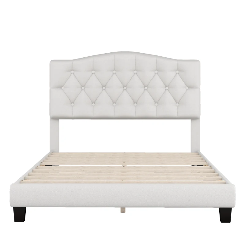 Vinsetto Upholstered Platform Bed with Saddle Curved Headboard and Diamond Tufted Details, Full Size, MDF and Solid Wood Frame, No Box Spring Required, Beige