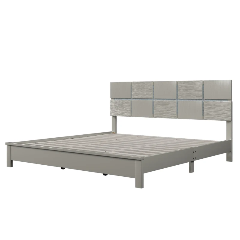 Vinsetto King Size Champagne Silver Platform Bed, Solid Rubber Wood Frame and Legs, Champagne