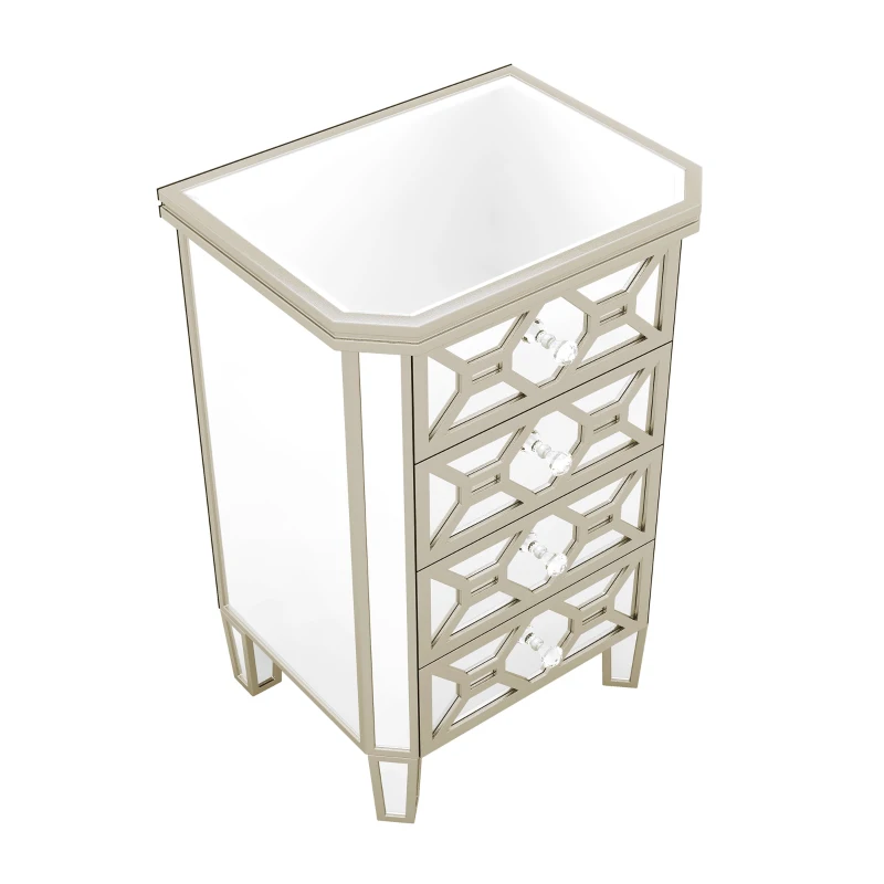 Elegant Mirrored 4-Drawer Chest with Golden Lines, Crystal Handles, and Arrow-Shape Legs for Living Room, Hallway, Entryway - 20.5" x 15.7" x 31.5", Silver