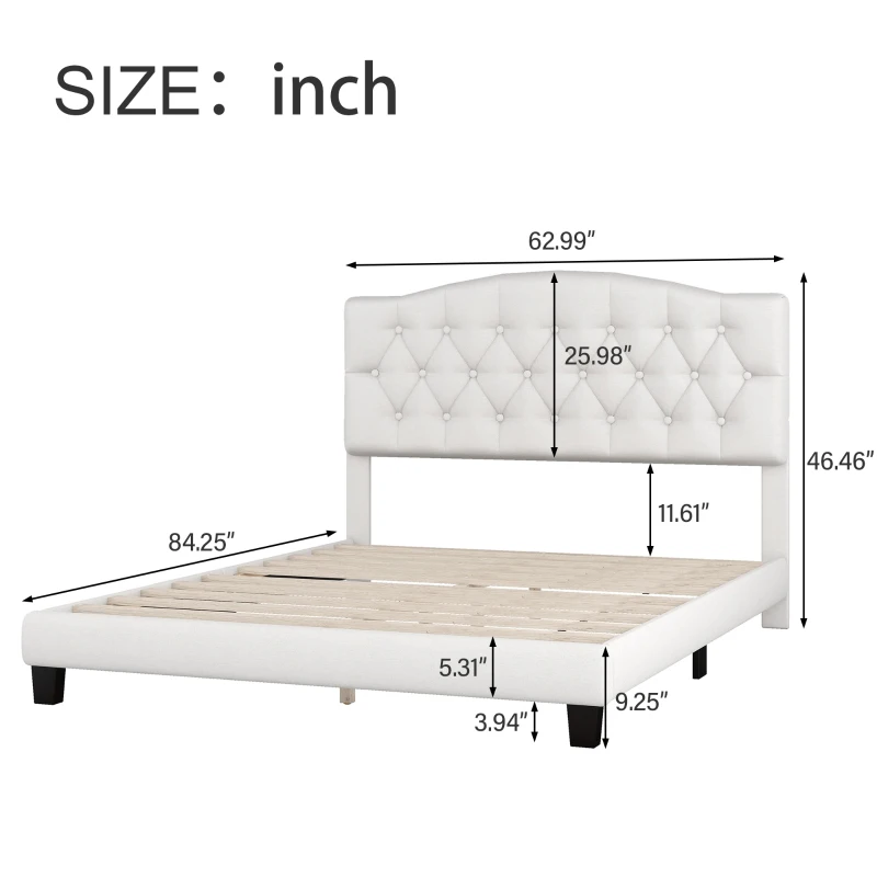 Upholstered Platform Bed with Saddle Curved Headboard and Diamond Tufted Details, Queen Size, MDF and Solid Wood Frame, No Box Spring Required, Beige