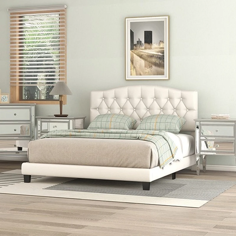 Upholstered Platform Bed with Saddle Curved Headboard and Diamond Tufted Details, King, Solid Wood Frame, No Box Spring Required, 84.25" x 79.13" x 46.46", Beige