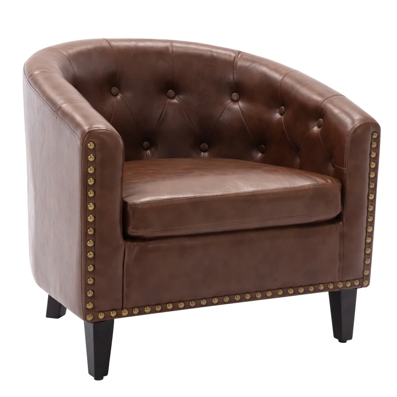 PU Leather Tufted Barrel Chair, Chesterfield-Inspired Design, Rubber Wood Legs, 28.3" x 24.0" x 27.5", Dark Brown