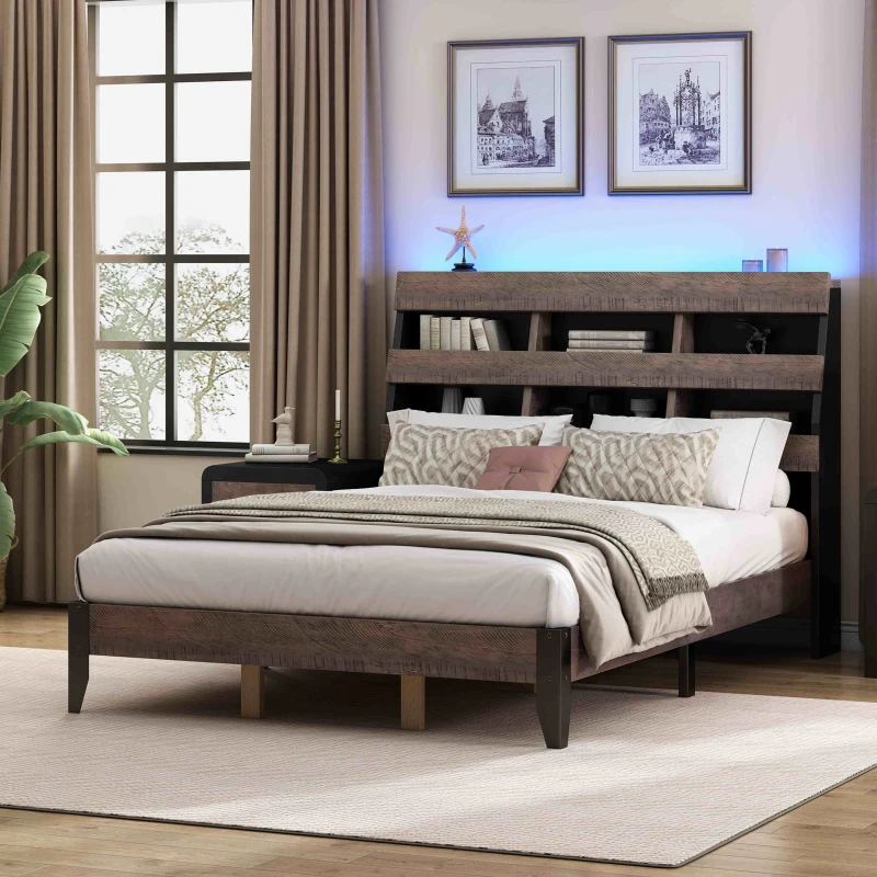 Vinsetto Mid Century Modern Queen Bed Frame with Bookshelf, LED Lights, USB Ports, and Textured Wood Veneer, Walnut+black
