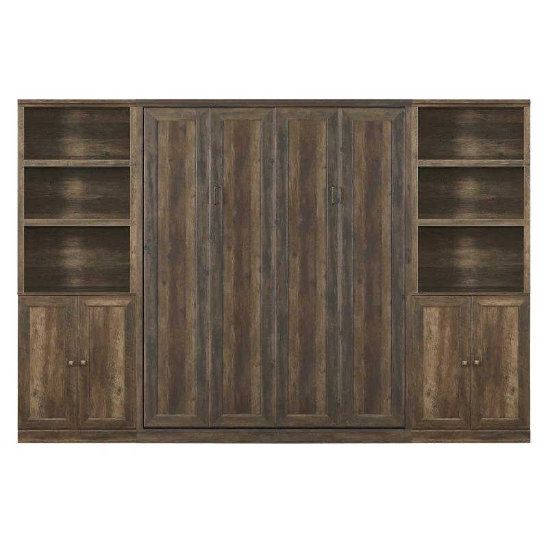 Vinsetto Full Size Murphy Wall Bed with Dual Piston System, 2 Side Cabinets with USB Ports and Shelves, Space-Saving Design, Sturdy Metal Frame, 800 lbs Capacity, Brown