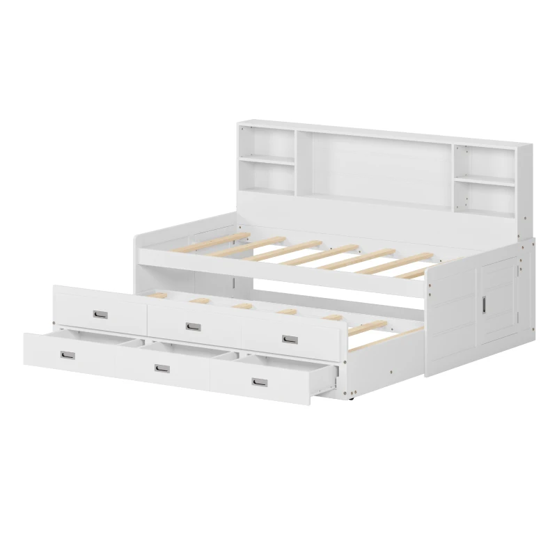 Twin Size Captain DayBed with Trundle, Storage Bookcase Headboard, and Three Drawers, MDF and Solid Pine Wood Frame, White
