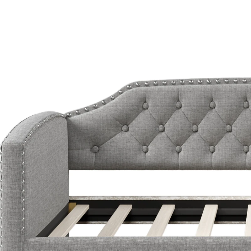 Twin Size Upholstered Daybed with Trundle, Button-Tufted Back, Nailhead Trim, Pine Wood Frame, 79.8"L x 41.0"W x 35.0"H, Gray