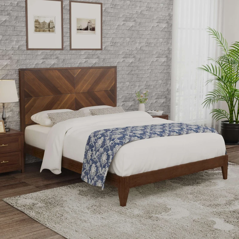 Vinsetto Mid-Century Modern Platform Bed, Solid Pine Wood Frame with Wood Slat Support, No Box Spring Needed, King Size, 83"x78.5"x50", Walnut
