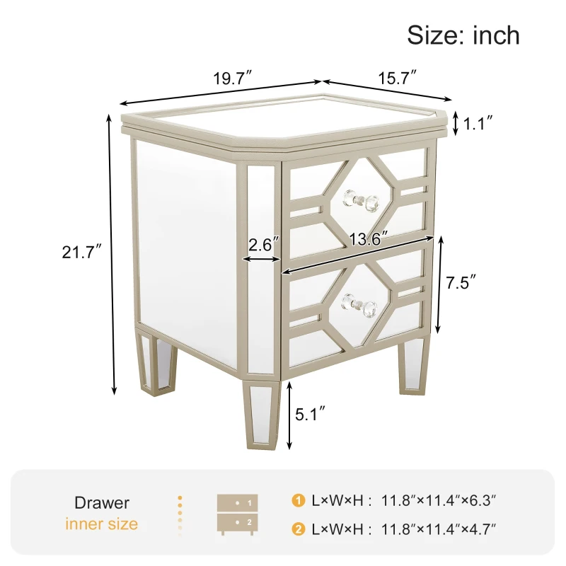 Elegant Mirrored 2-Drawer Side Table with Golden Lines, Crystal Handles, and Arrow-Shape Legs for Living Room, Hallway, Entryway, 19.7" x 15.7" x 21.7", Silver