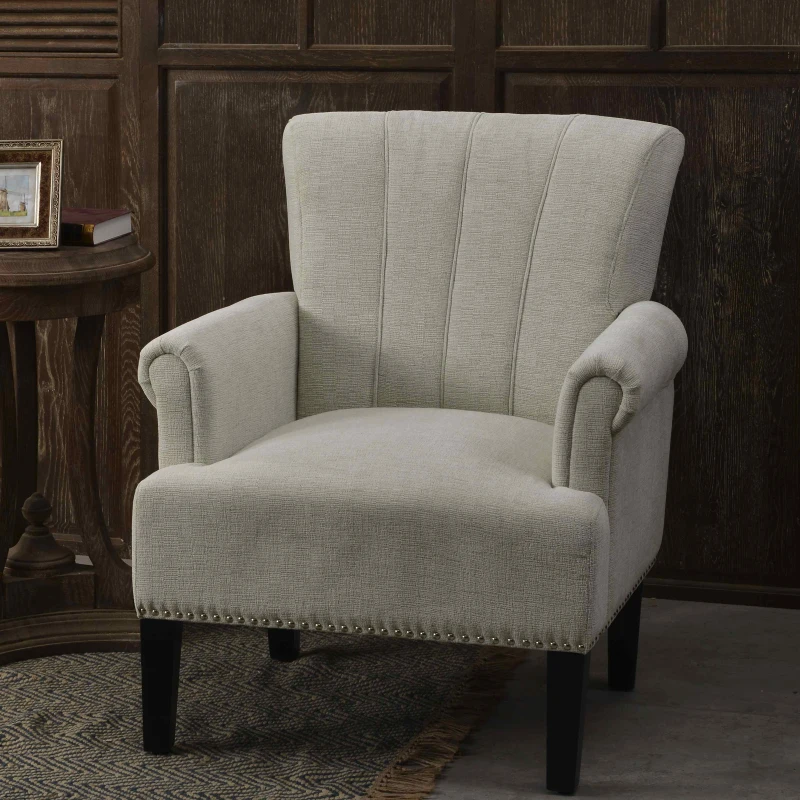 Accent Rivet Tufted Polyester Armchair, Stain-Resistant Fabric, Foam Cushion, Rubber Wood Legs, Cream