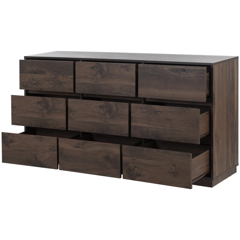 Vinsetto Mid-Century Modern 9-Drawer Dresser, Dark Walnut Finish, Scratch Resistant, Smooth Metal Runners, Dark Brown