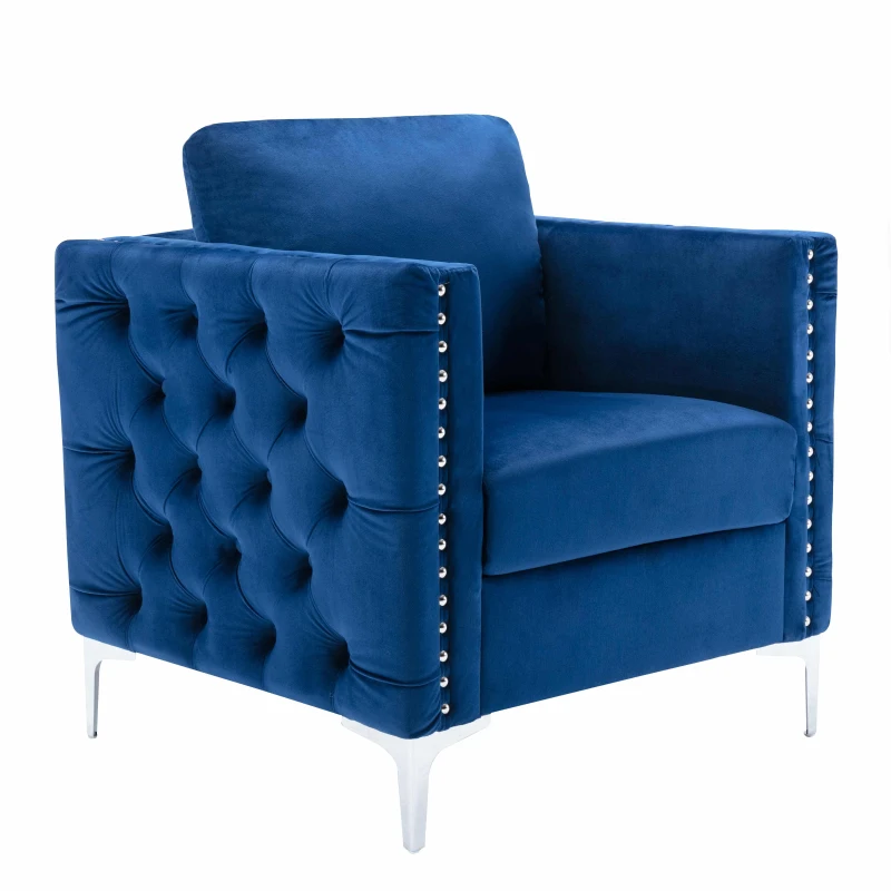 Modern Velvet Armchair, Tufted Button Accent Chair with Steel Legs, Ergonomic Design, 330 LBS Weight Capacity, Velvet Fabric, Navy