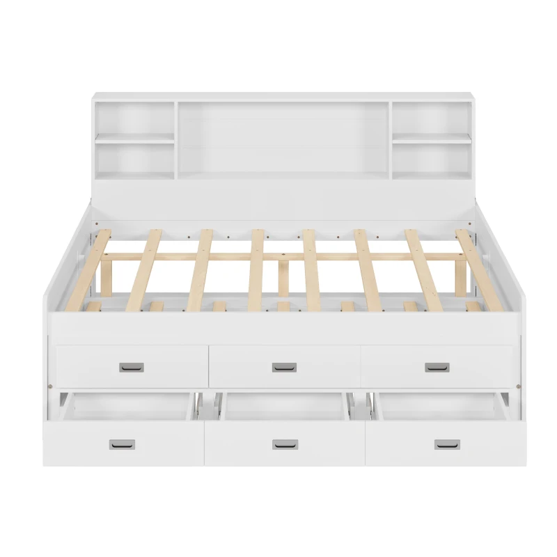 Full Size Captain Daybed with Trundle, Storage Bookcase Headboard, and Three Drawers for Kids and Teens, MDF and Solid Pine Wood Frame, White