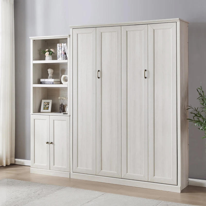 Vinsetto Queen Size Murphy Wall Bed with Side Cabinet, Dual Piston System, Built-in USB Ports, and Ample Storage Shelves, Rustic White