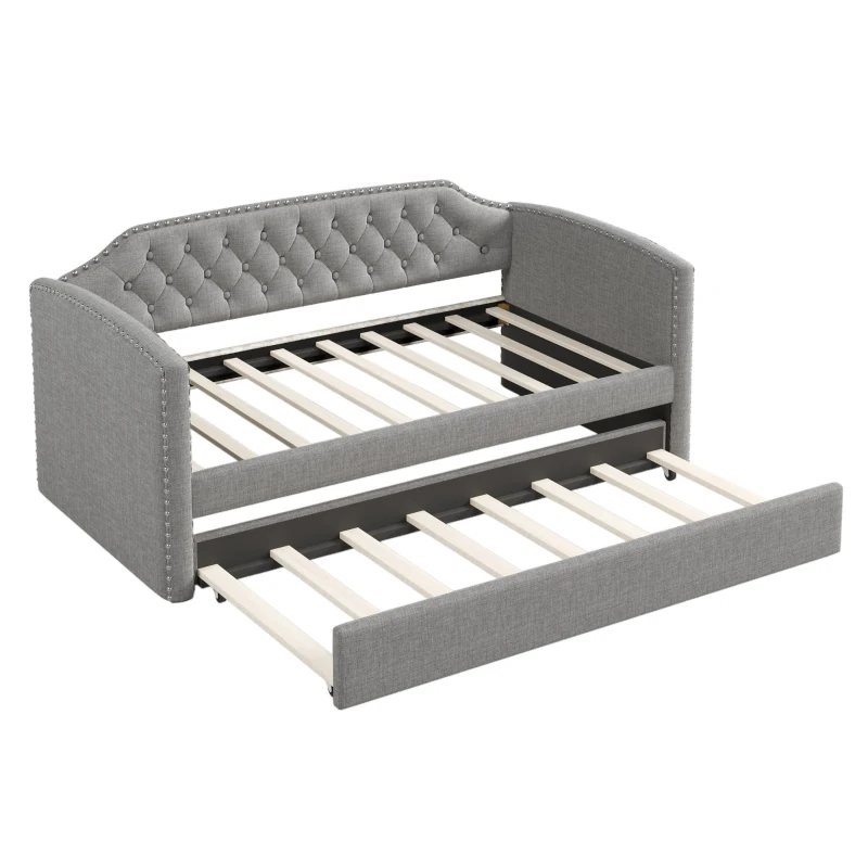 Twin Size Upholstered Daybed with Trundle, Button-Tufted Back, Nailhead Trim, Pine Wood Frame, 79.8"L x 41.0"W x 35.0"H, Gray