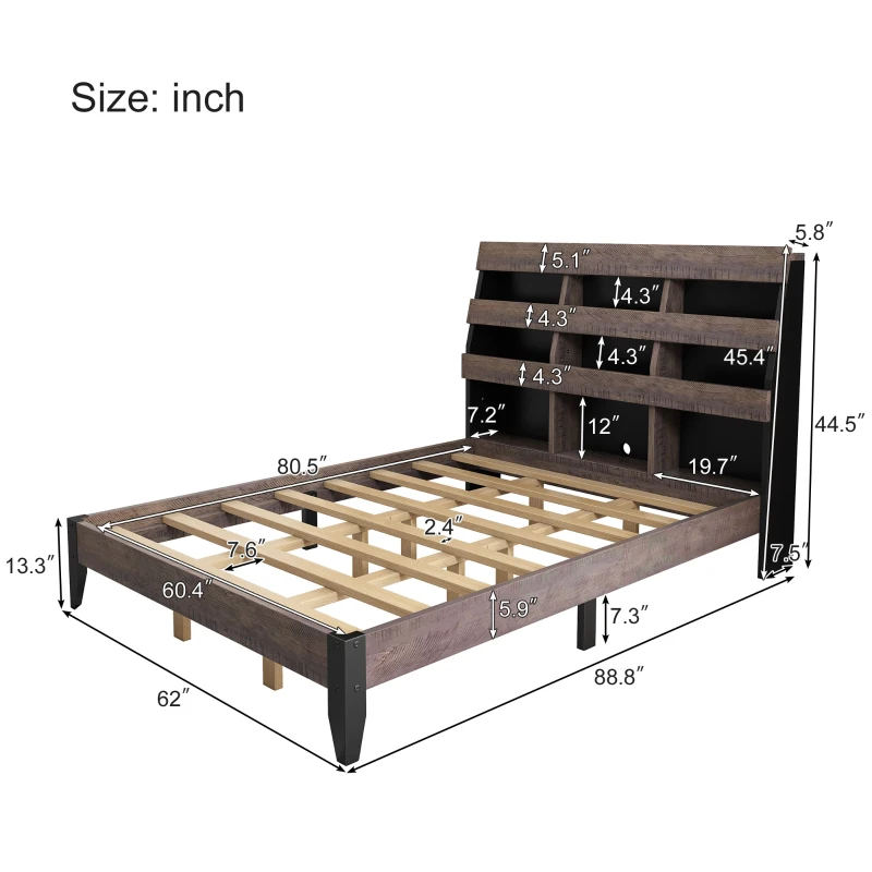 Vinsetto Mid Century Modern Queen Bed Frame with Bookshelf, LED Lights, USB Ports, and Textured Wood Veneer, Walnut+black