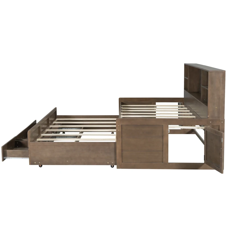 Vinsetto Twin Size Captain DayBed with Trundle, Storage Bookcase Headboard, and Three Drawers for Kids and Teens, MDF and Solid Pine Wood Frame, Walnut