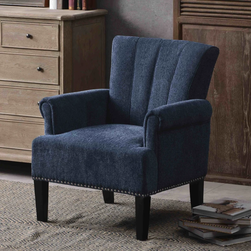 Accent Rivet Tufted Armchair, 100% Polyester Fabric, Foam Fill, Rubber Wood Legs, Navy