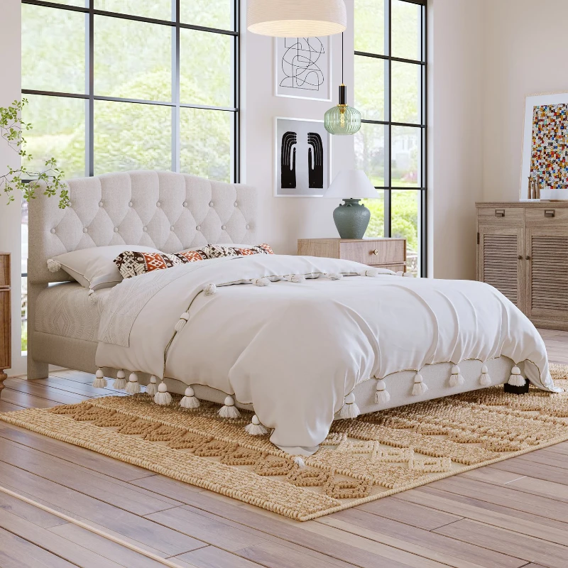 Upholstered Platform Bed with Saddle Curved Headboard and Diamond Tufted Details, Queen Size, MDF and Solid Wood Frame, No Box Spring Required, Beige