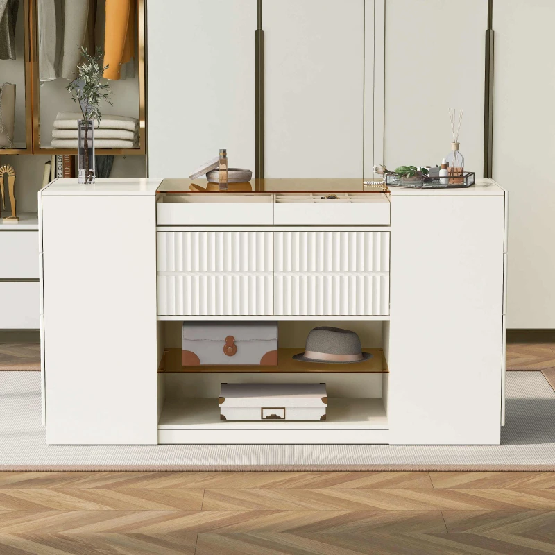Modern Luxury Multi-Functional Island Vanity Dresser and Storage Cabinet with Glass Tabletop, 6 Drawers, and Display Shelf for Walk-in Wardrobe and Bedroom, 60.4"x18.7"x33.1", Cream White