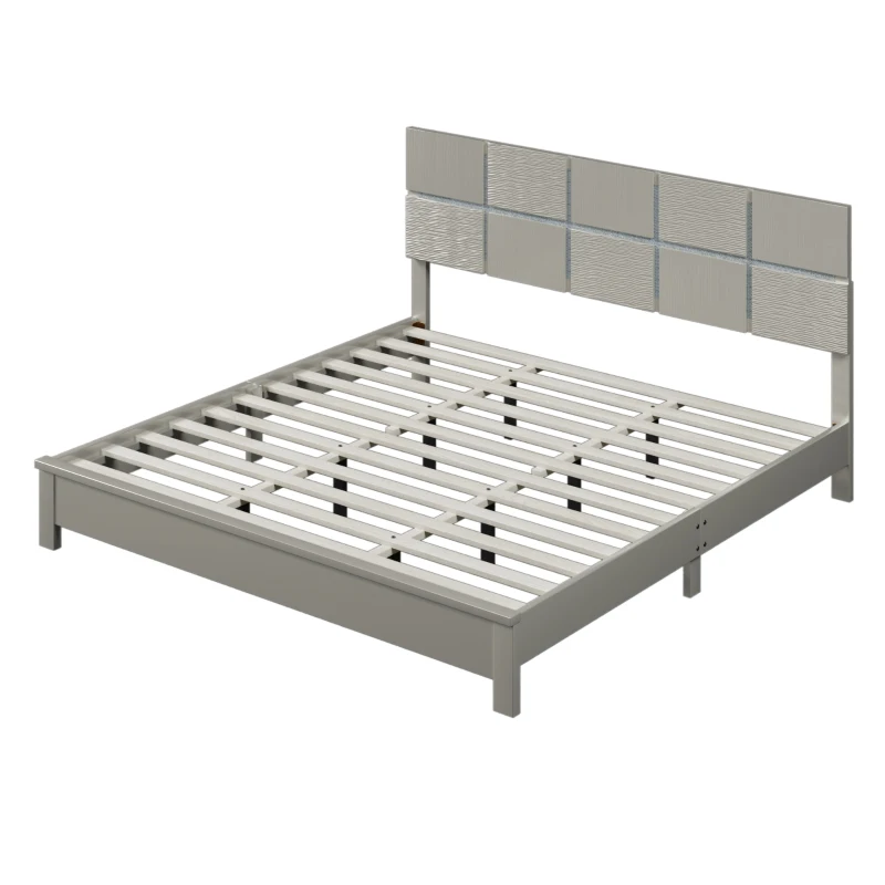 Vinsetto King Size Champagne Silver Platform Bed, Solid Rubber Wood Frame and Legs, Champagne