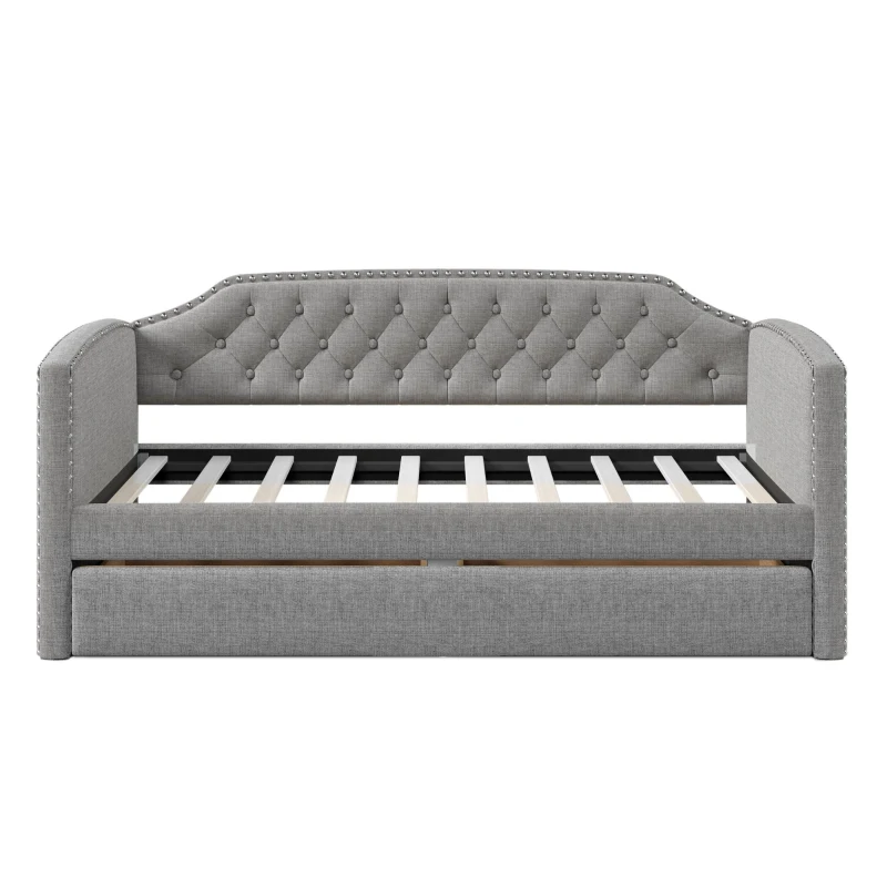 Twin Size Upholstered Daybed with Trundle, Button-Tufted Back, Nailhead Trim, Pine Wood Frame, 79.8"L x 41.0"W x 35.0"H, Gray