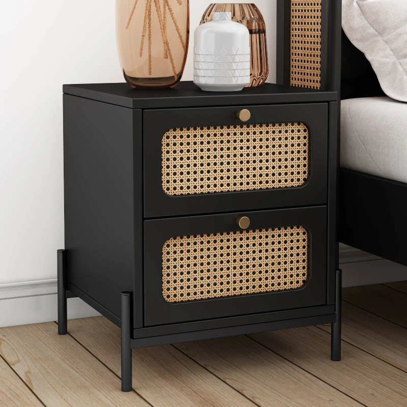 Vinsetto Modern Rattan Wood Nightstand, 2-Drawer Side Table for Bedroom, Living Room, Entryway, Hallway, Solid Wood and MDF, 17"x17"x21.6", Black