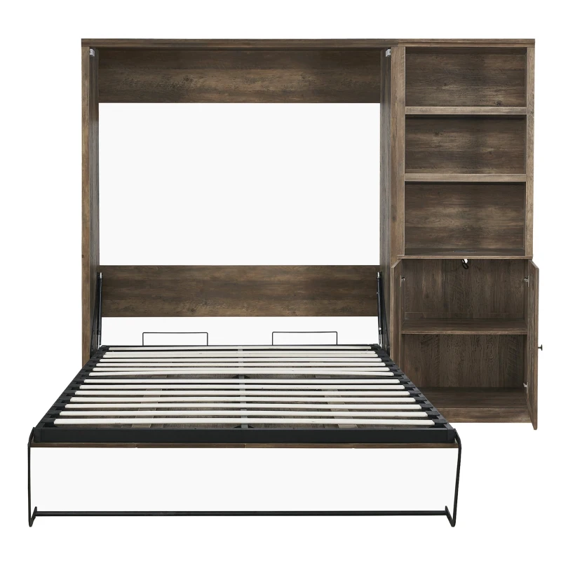 Vinsetto Full Size Murphy Wall Bed with Side Cabinet, Dual Piston System, Built-in USB Ports, and Ample Storage Shelves, Brown