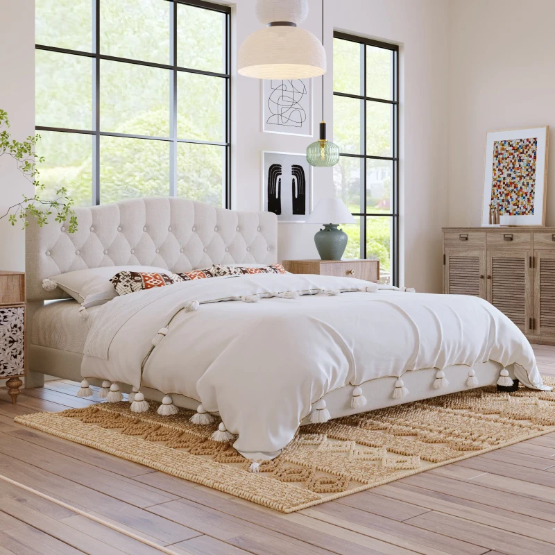 Upholstered Platform Bed with Saddle Curved Headboard and Diamond Tufted Details, King, Solid Wood Frame, No Box Spring Required, 84.25" x 79.13" x 46.46", Beige