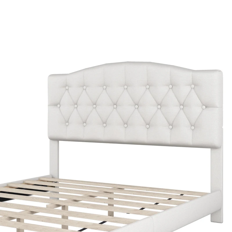 Upholstered Platform Bed with Saddle Curved Headboard and Diamond Tufted Details, Queen Size, MDF and Solid Wood Frame, No Box Spring Required, Beige