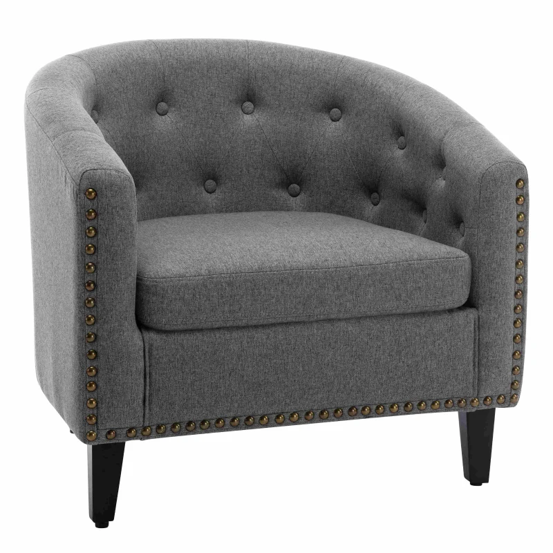 Linen Fabric Tufted Barrel Chair, Chesterfield-Inspired Tub Chair for Living Room and Bedroom, Rubber Wood Legs, Foam Fill, 28.30" x 24.00" x 27.50" , Grey