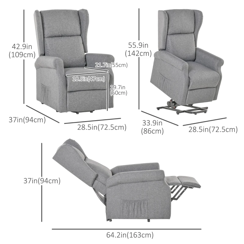 HOMCOM Power Lift Recliner Chair for Elderly Linen Electric Reclining Sofa Chair with Side Pockets Footrest (Grey)