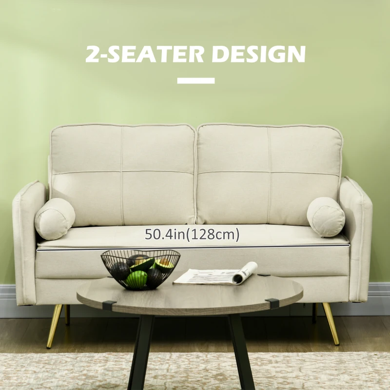 HOMCOM 56" Loveseat Sofa for Bedroom Upholstered 2 Seater Couch with Back Cushions and Pillows, Beige