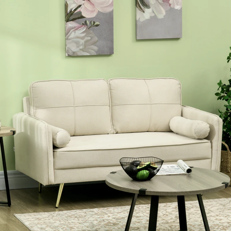 HOMCOM 56" Loveseat Sofa for Bedroom Upholstered 2 Seater Couch with Back Cushions and Pillows, Beige