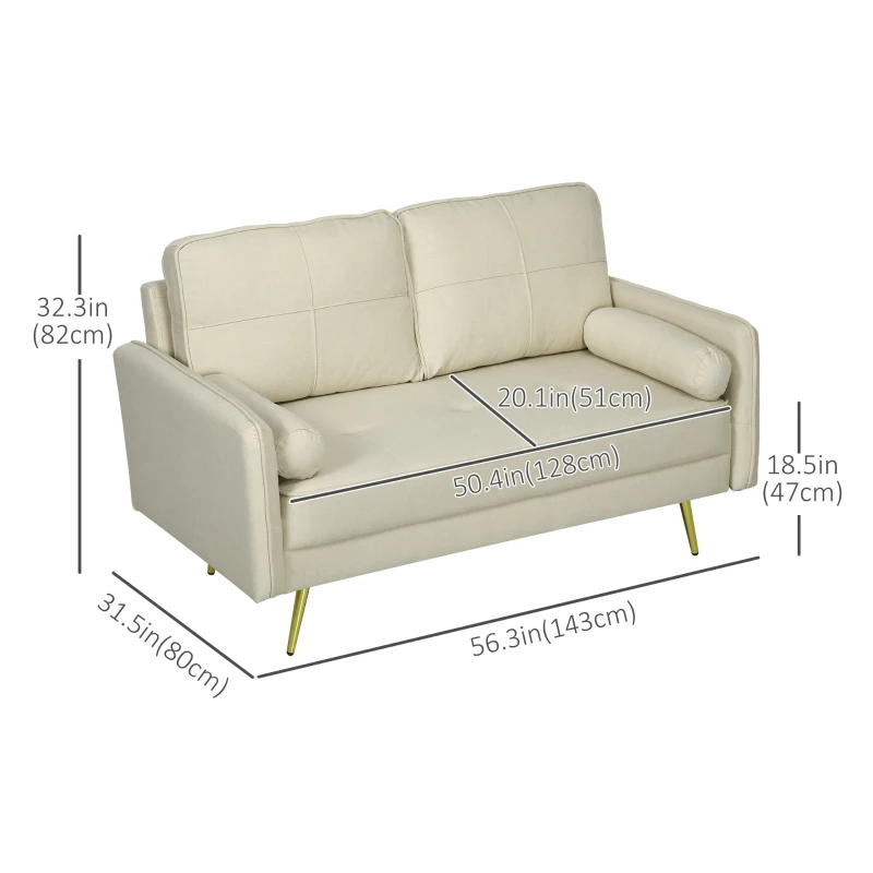 HOMCOM 56" Loveseat Sofa for Bedroom Upholstered 2 Seater Couch with Back Cushions and Pillows, Beige