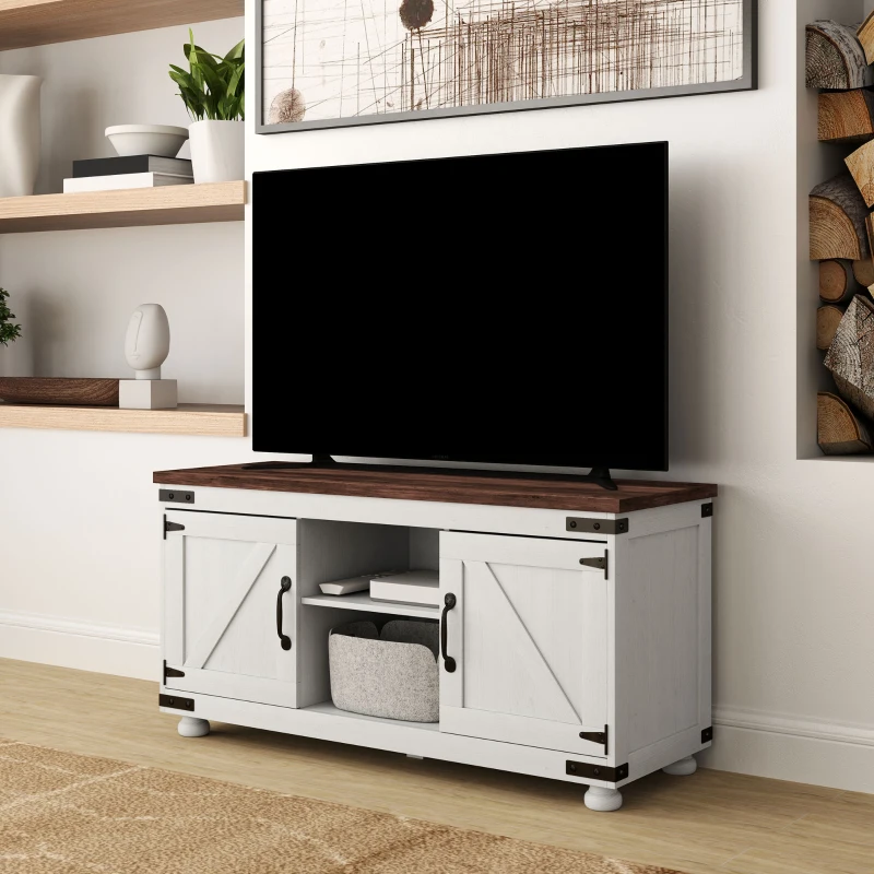 HOMCOM Farmhouse TV Stand for up to 50" TV, TV Cabinet with Barn Doors, Cable Management for Living Room, Distressed White
