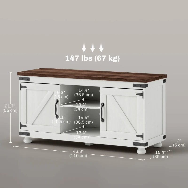 HOMCOM Farmhouse TV Stand for up to 50" TV, TV Cabinet with Barn Doors, Cable Management for Living Room, Distressed White