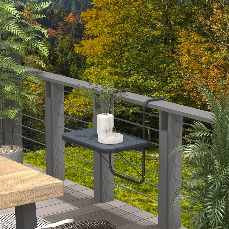 Outsunny Outdoor Hanging Table, Adjustable Balcony Railing Table, Aluminum Mounting Wall Desk Rack, Foldable Outdoor Flower Stand Serving Table Rectangle, Black