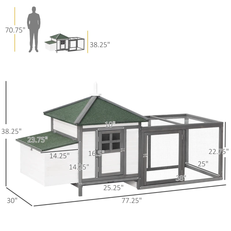 PawHut 77" Chicken Coop Hen House Rabbit Hutch Poultry Cage Pen Outdoor Backyard with Nesting Box Run White and Dark gray