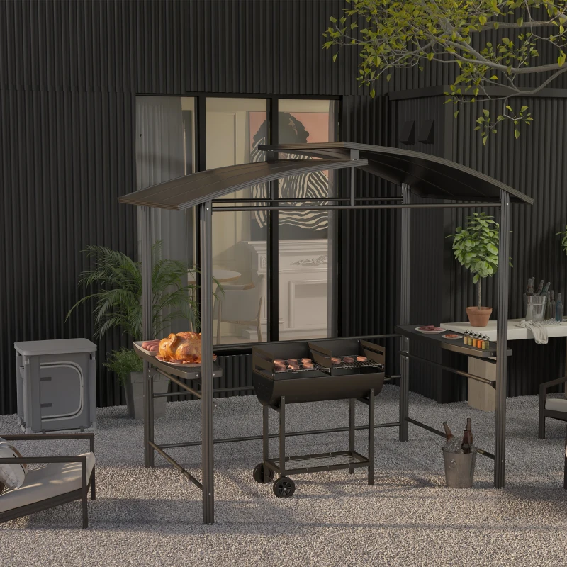 Outsunny 8' x 5' Grill Gazebo Shelter with Interlaced Vented Polycarbonate Roof, Outdoor BBQ Canopy with Side Shelves, Steel Frame for Garden, Patio, Backyard, Dark Gray