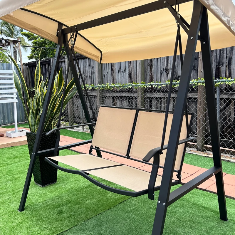 Outsunny 2-Person Patio Swings with Canopy, Outdoor Canopy Swing with Adjustable Shade, Breathable Mesh Seats and  Steel Frame for Garden, Poolside, Backyard, Beige