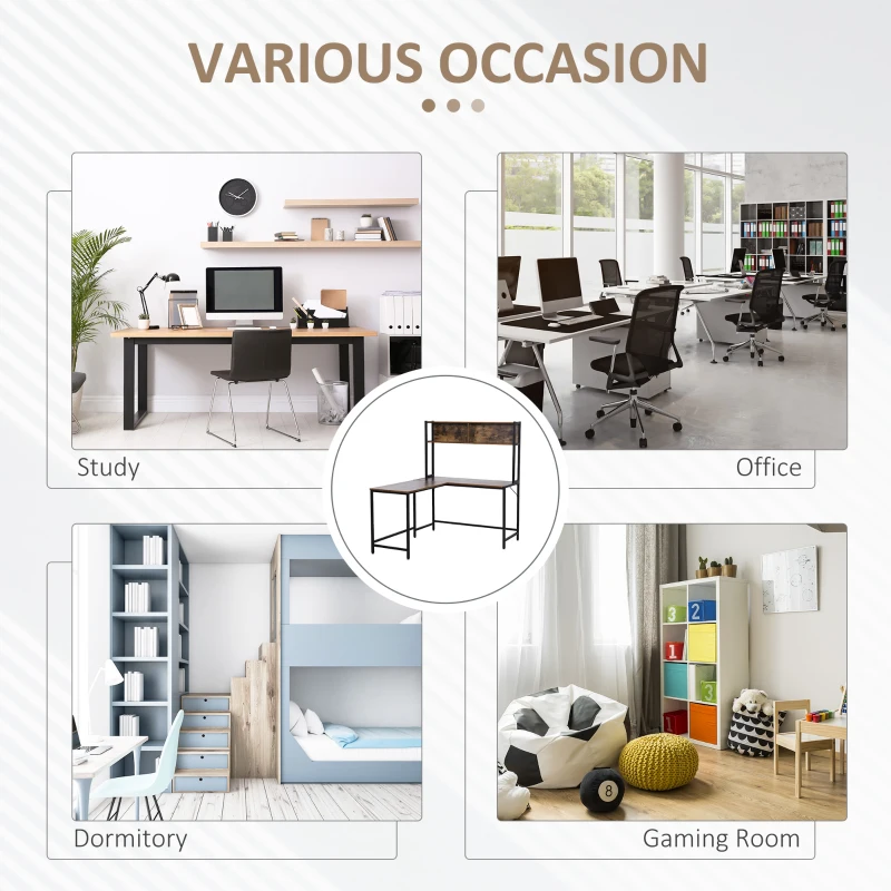 HOMCOM Home Office L-Shaped Computer Desk with Hutch and Storage Shelves, PC Table Study Writing Workstation with 2 Storage Compartments, Bookshelf, Brown
