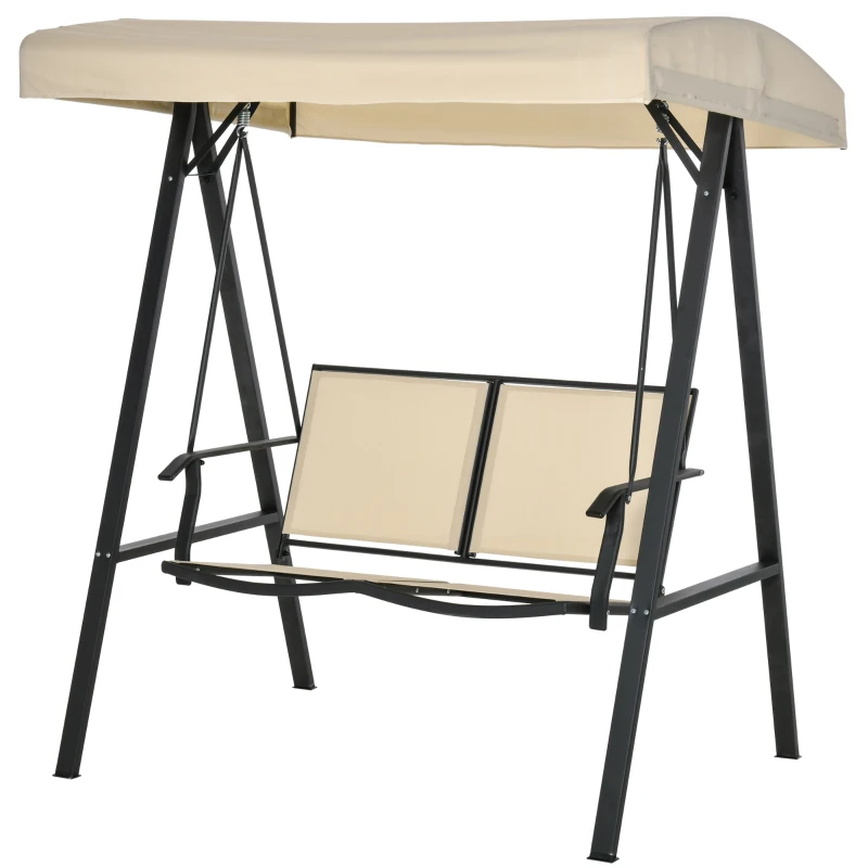Outsunny 2-Person Patio Swings with Canopy, Outdoor Canopy Swing with Adjustable Shade, Breathable Mesh Seats and  Steel Frame for Garden, Poolside, Backyard, Beige