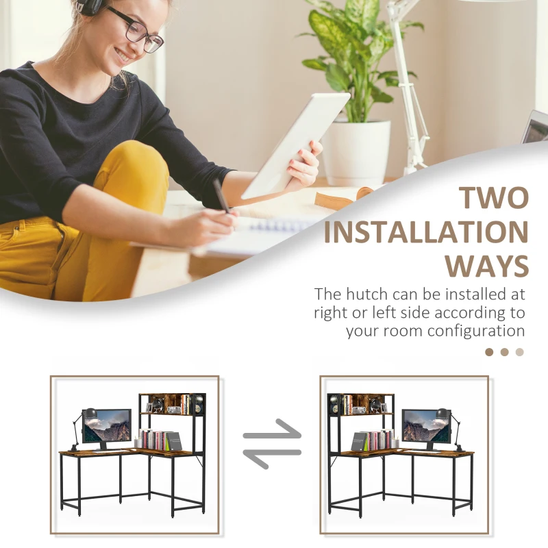 HOMCOM Home Office L-Shaped Computer Desk with Hutch and Storage Shelves, PC Table Study Writing Workstation with 2 Storage Compartments, Bookshelf, Brown