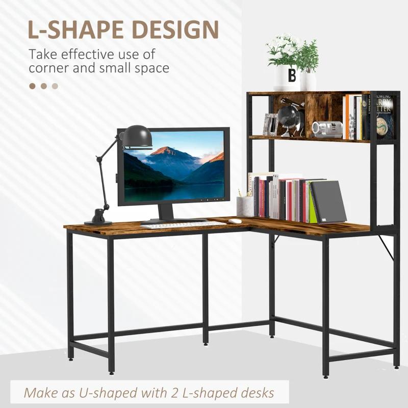 HOMCOM Home Office L-Shaped Computer Desk with Hutch and Storage Shelves, PC Table Study Writing Workstation with 2 Storage Compartments, Bookshelf, Brown