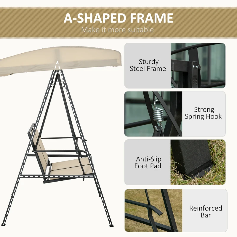Outsunny 2-Person Patio Swings with Canopy, Outdoor Canopy Swing with Adjustable Shade, Breathable Mesh Seats and  Steel Frame for Garden, Poolside, Backyard, Beige