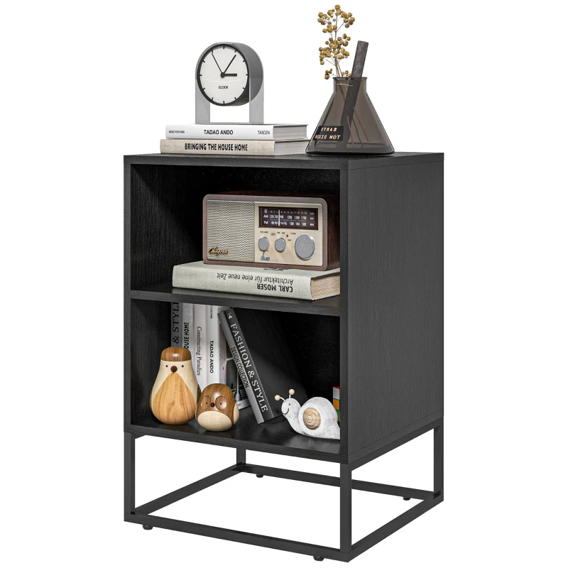 HOMCOM Nightstand, Bedside Table with Storage Shelves, Side End Table with Steel Legs for Bedroom, Black