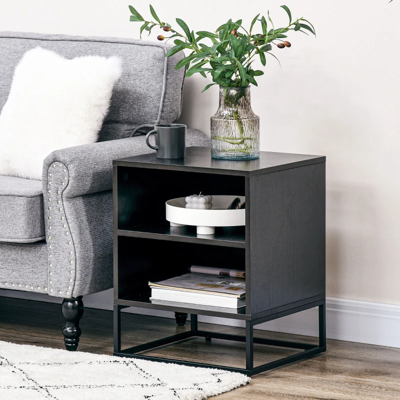 HOMCOM Nightstand, Bedside Table with Storage Shelves, Side End Table with Steel Legs for Bedroom, Black