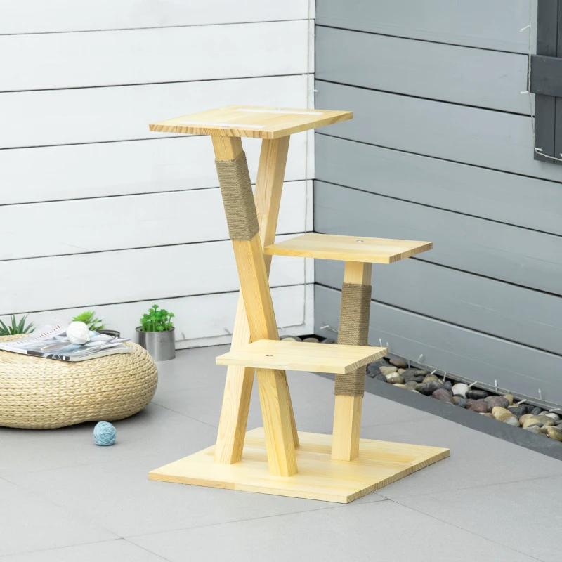 PawHut 31" Cat Tree Kitty Activity Center Pinewood Cat Climbing Toy Indoor Outdoor Pet Furniture with Jute Scratching Post Perch Cushion Natural